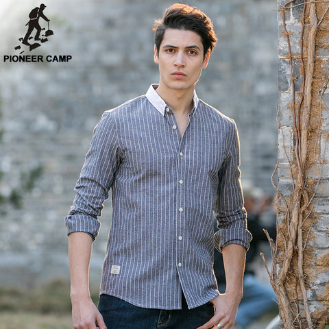 Pioneer Camp new fashion mens shirts long sleeve casual brand clothing slim fit striped cotton shirts male British style  666202 - 555 Famous