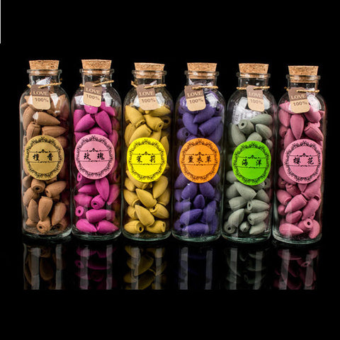 58pcs/Bottle Natural Backflow Incense Cone Grain Glass Bottle 11 Scents Tower India Sandalwood Incenses