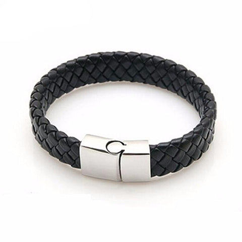 Black Braided Leather Bracelet - Stainless Steel