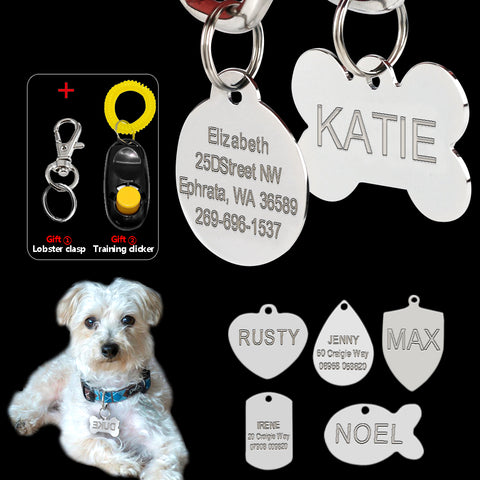 Stainless Steel Custom Engraved Dog Tag Double Sided 7 Shapes Personalized  Dog & Cat  ID Tags With Free Clicker