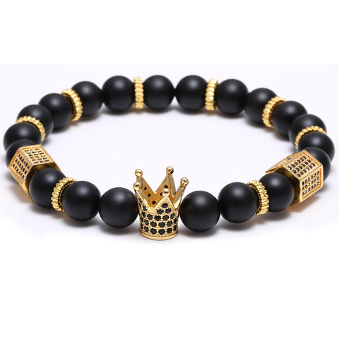 Mcllroy Black Matte Stone Bracelet Men with Gold Micro Pave CZ Cubic Zirconia Crown Charm Bracelets Pulseras Hombre - 555 Famous