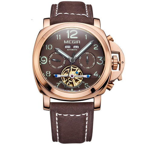 MEGIR Mechanical Automatic Watch Luminous Men Genuine Nubuck Leather Strap Waterproof Wristwatch Analog Display
