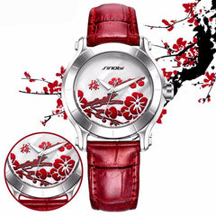 SINOBI New Chinese Women Watches For Plum Flower Female Red Leather Fashion Wristwatches Ladies Clock Relojes Mujer Mother's Day - 555 Famous