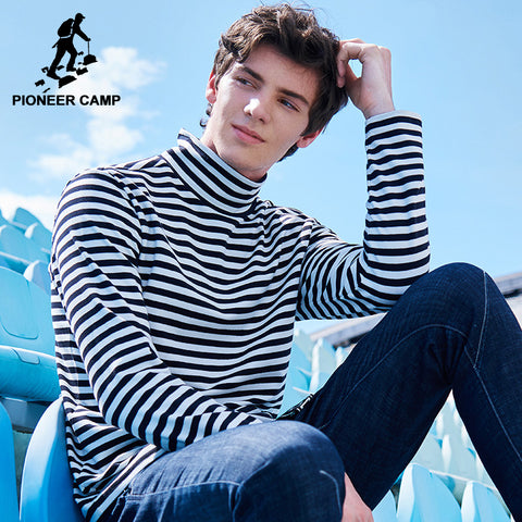 Pioneer Camp new high collar T-shirt men brand-clothing fashion autumn striped T shirt male quality new design Tees ACT702273 - 555 Famous