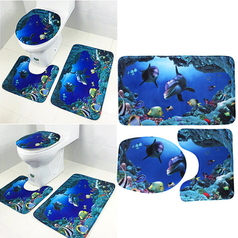 High Quality 3pcs/set Bathroom Non-Slip Ocean Style Pedestal Rug + Lid Toilet Cover + Bath Mat Blue Bathroom Decoration Gifts