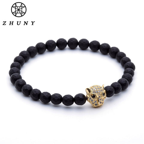 ZHUNY Micro Pave Cubic Zirconia Leopard Head Charm Bracelet Faceted Onyx Beads Elastic Bracelets for Men & Women Luxury Jewelry - 555 Famous