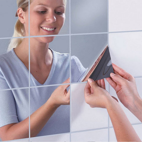 16Pcs Fashion Squares Mirror Wall Sticker Waterproof Self-adhesive Mirrors Surface TV Backdrop Kitchen Bathroom Decorate @LS