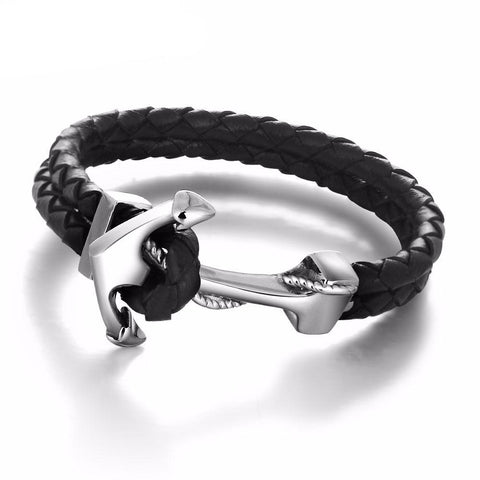 Genuine Leather Anchor Stainless Steel Bracelets & Bangles Male Punk Jewelry 215m Length Mens Bracelet (JewelOra BA101280) - 555 Famous