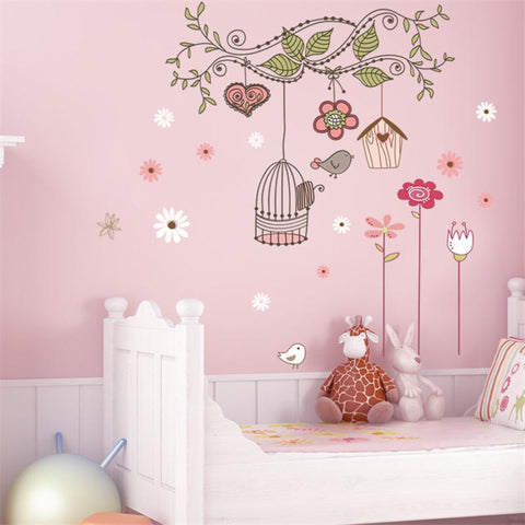peel and stick wall decals pvc wall stickers baby room decorations zooyoo7102 flower bird cage house sticker 50x70