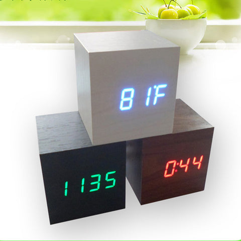 Cube wooden LED Alarm Clock,despertador Temperature Sounds Control LED display,electronic desktop Digital table clocks,SKU4A4A02