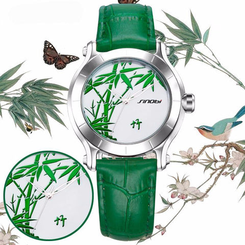 SINOBI New Green Bamboo Women Watches For Chinese Brand Fashion Ladies Leather Wristwatch Female Waterproof Clock Femmes Horloge - 555 Famous